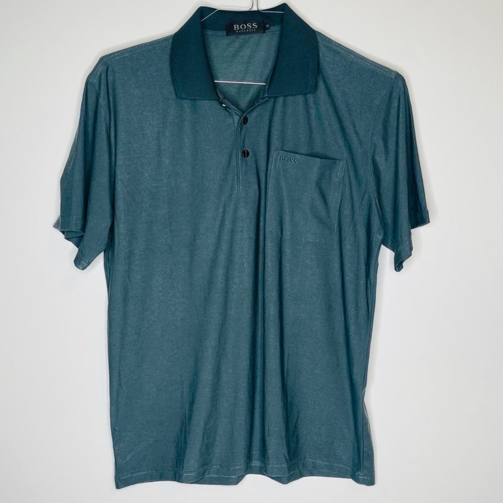 Hugo Boss, Charcoal Gray, Short Sleeve, Pocket Polo Size Medium 100% Silk